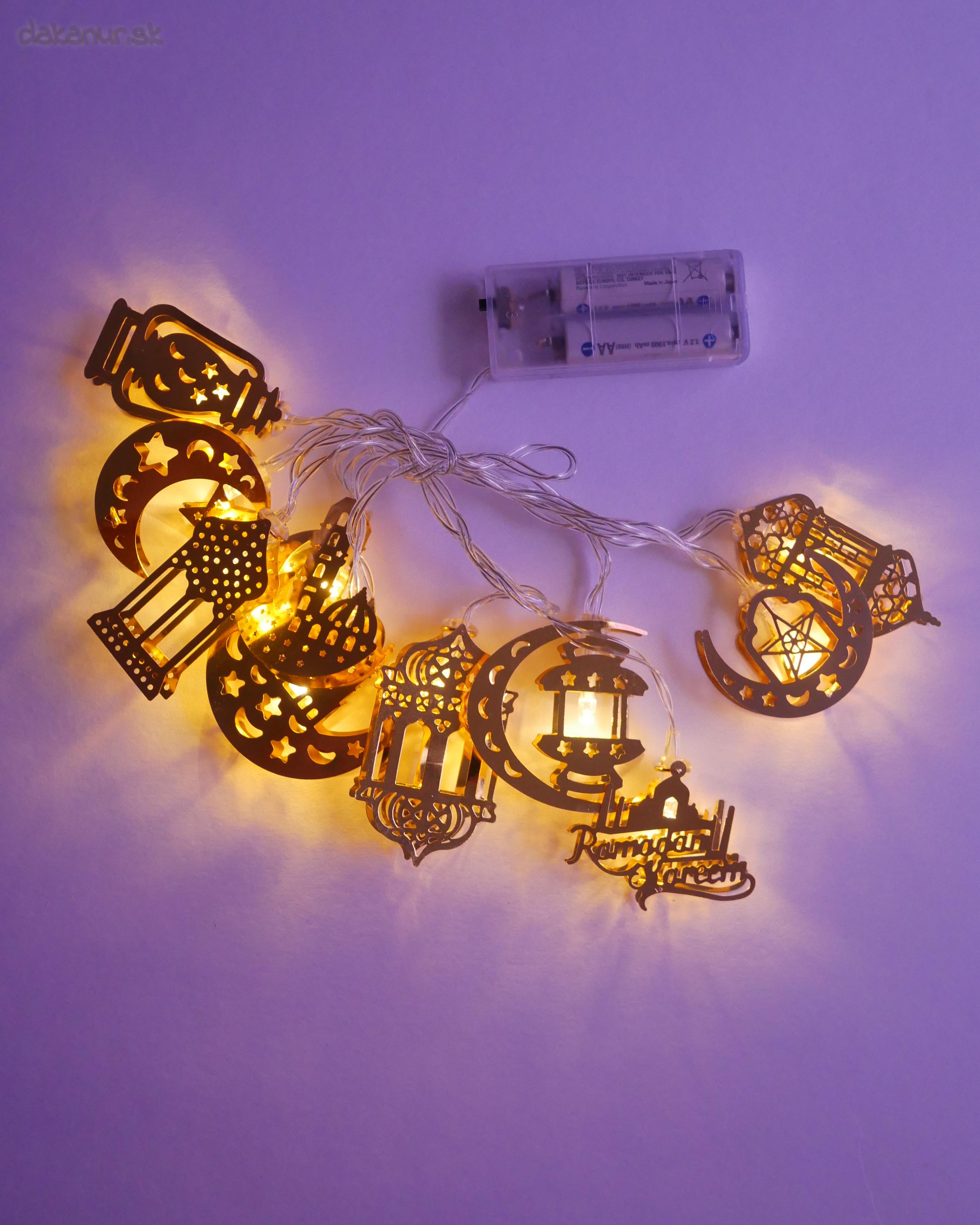 Žlté ramadánové svetielka LED polmesiac, lampáše, mešita