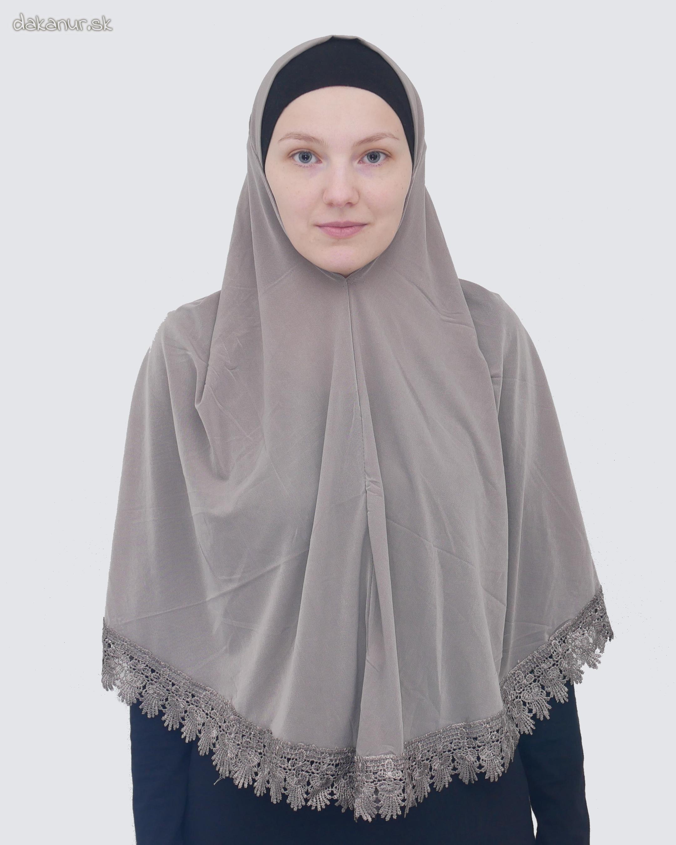 Ozdobný krajkovaný hnedý hijáb
