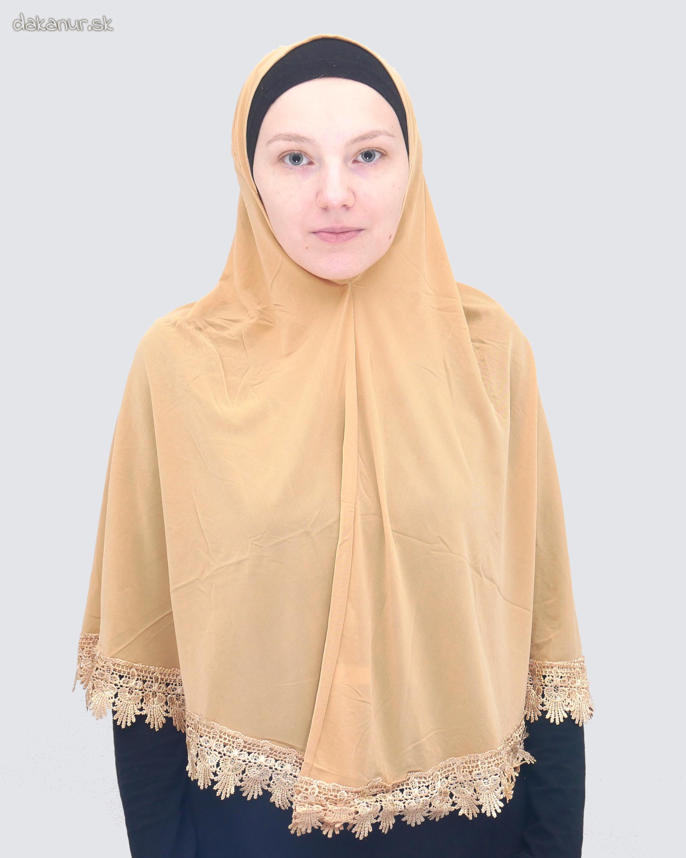Ozdobný krajkovaný béžovohnedý hijáb