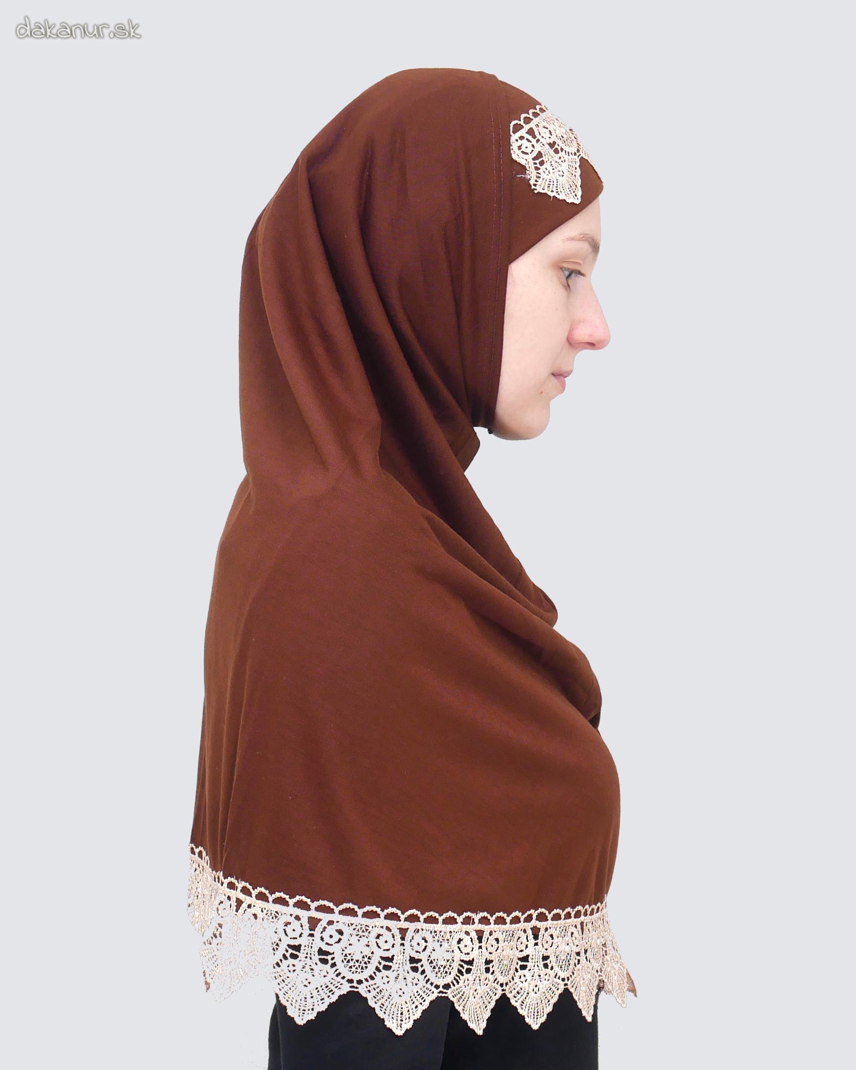 Krajkovaný, čipkovaný hnedý hijáb