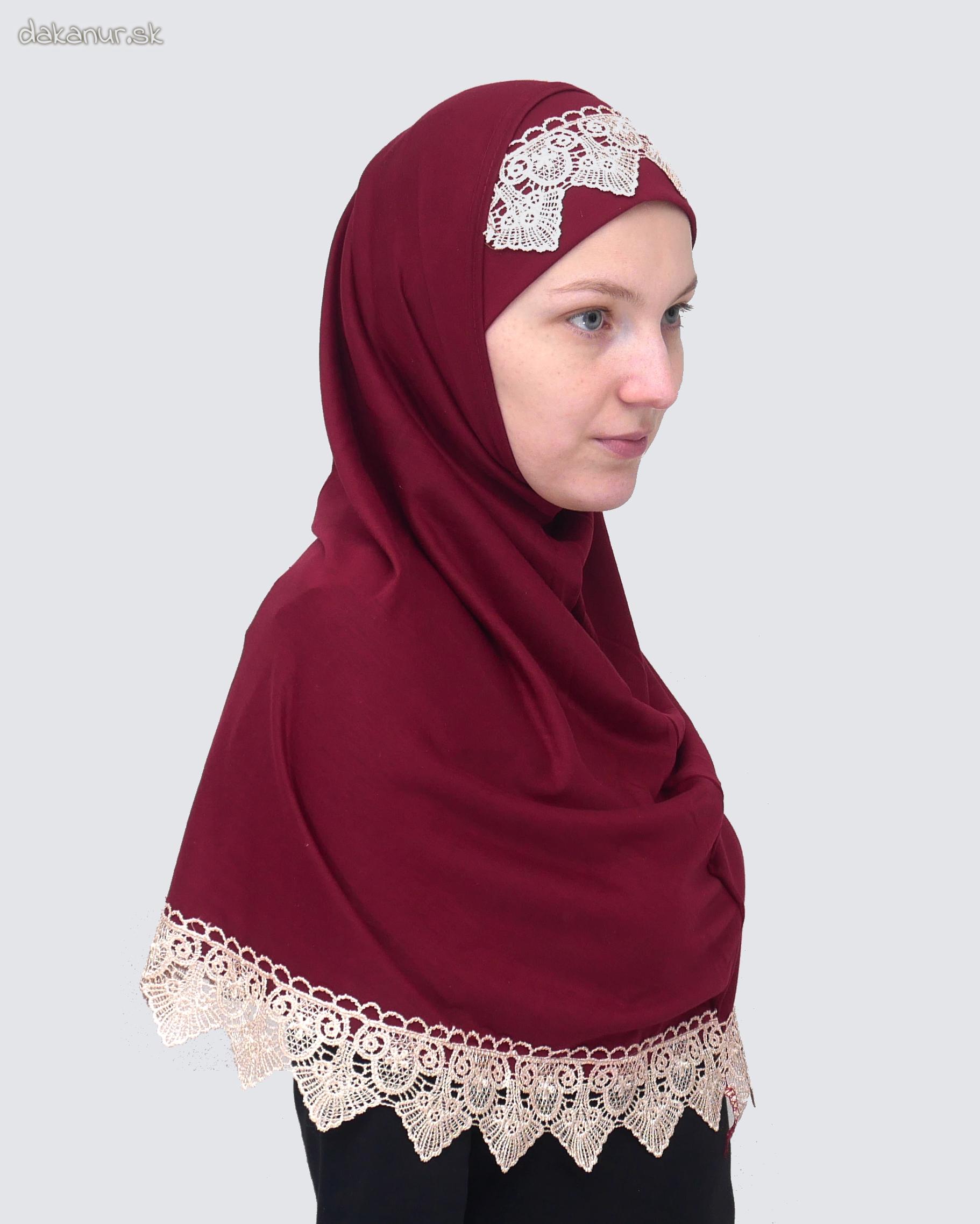 Krajkovaný, čipkovaný bordový hijáb
