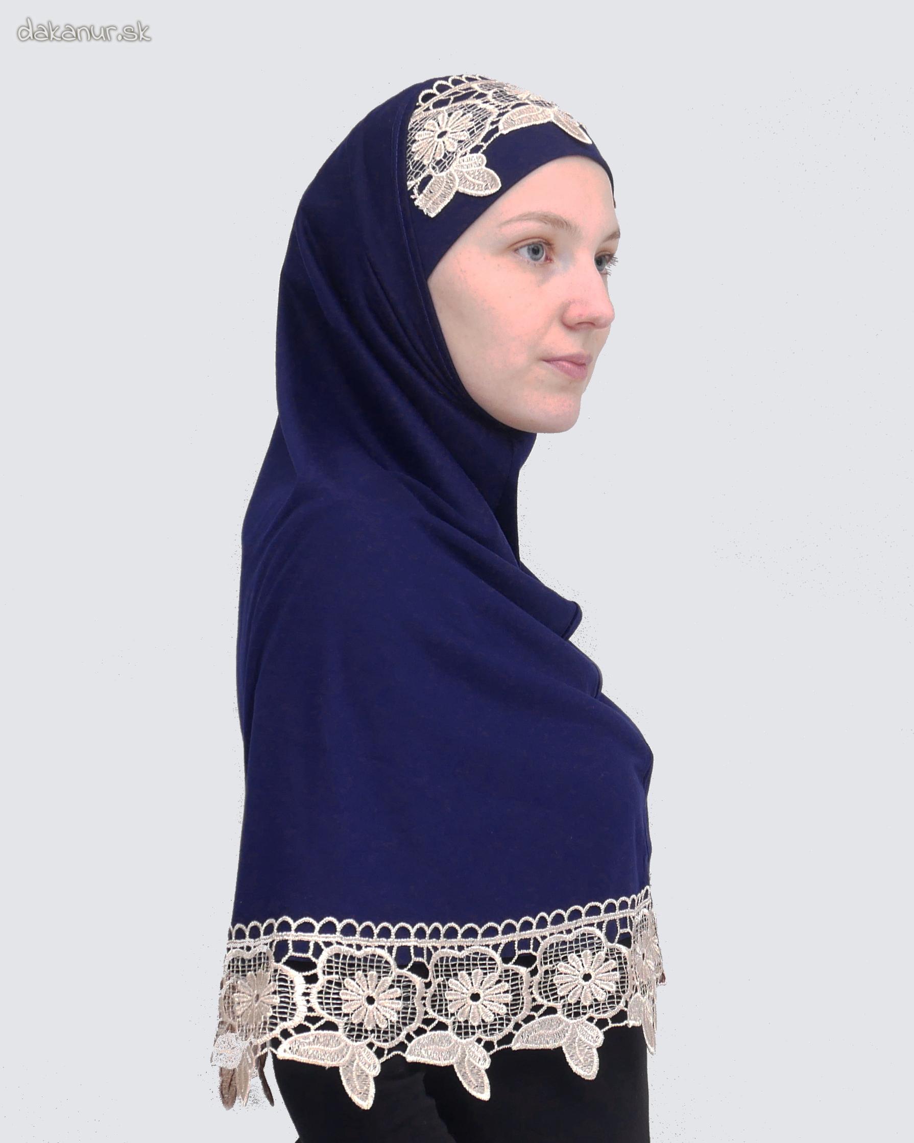 Krajkovaný, čipkovaný tmavomodrý hijáb