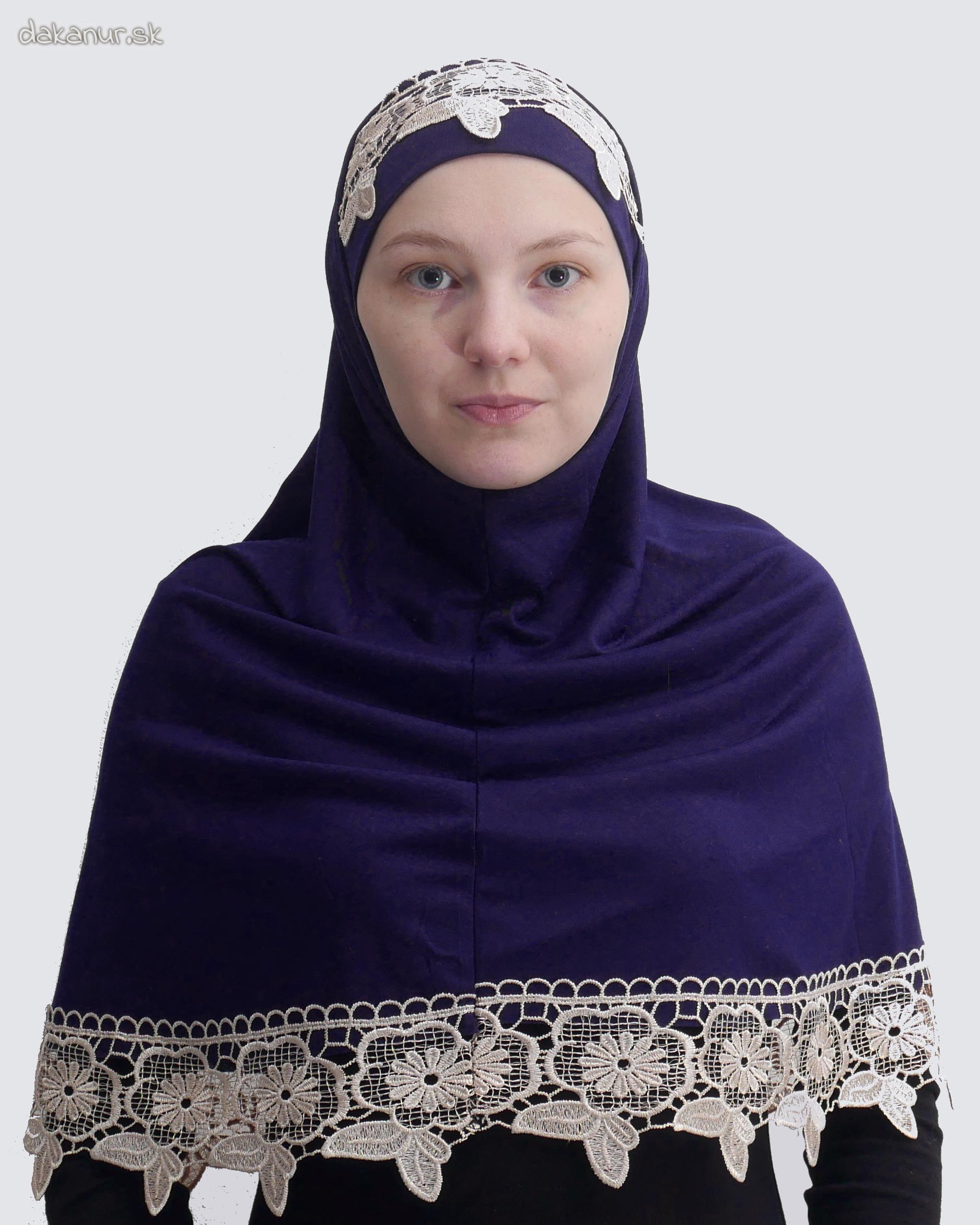 Krajkovaný, čipkovaný tmavomodrý hijáb