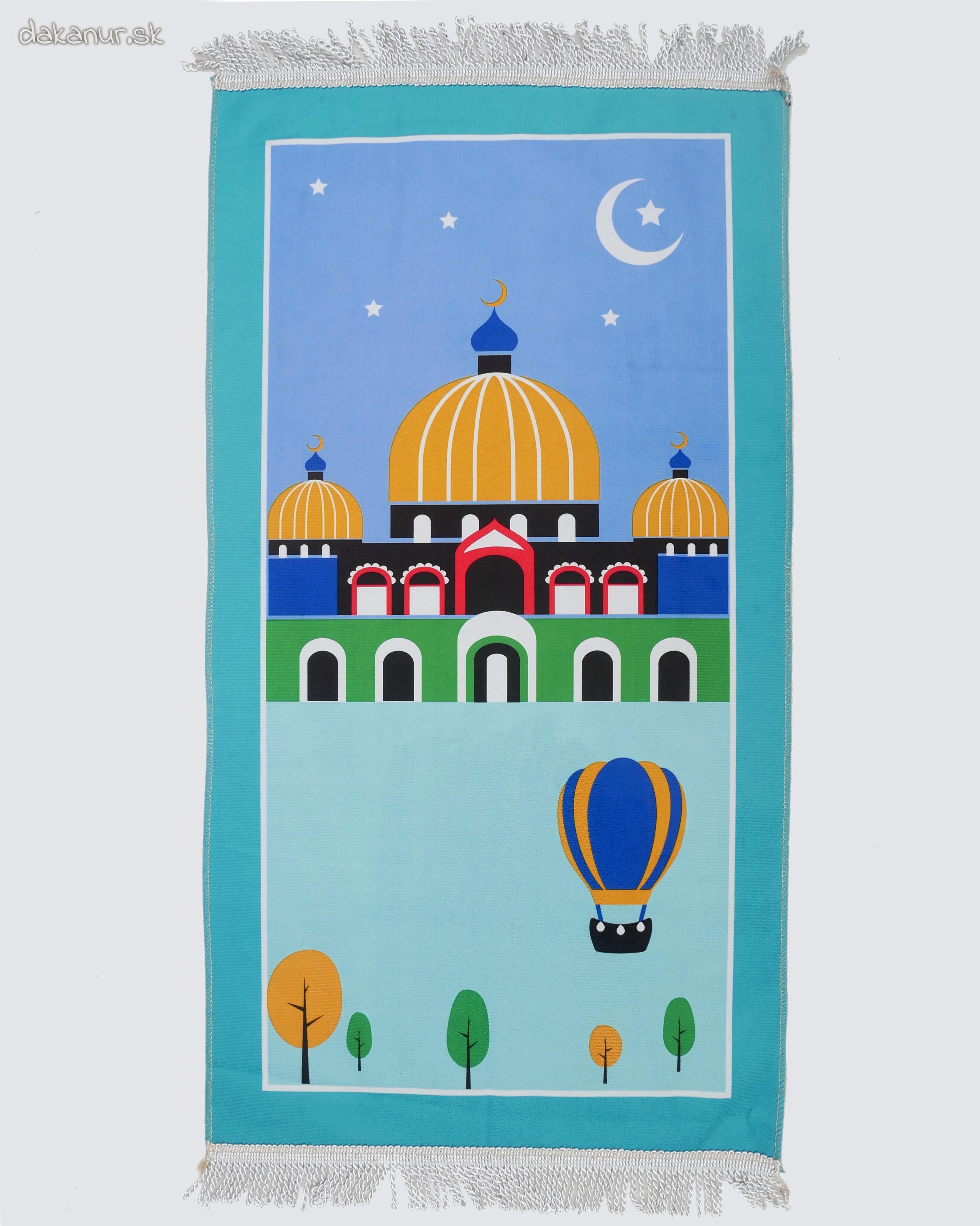 Detský modrý modlitebný koberček s mešitou