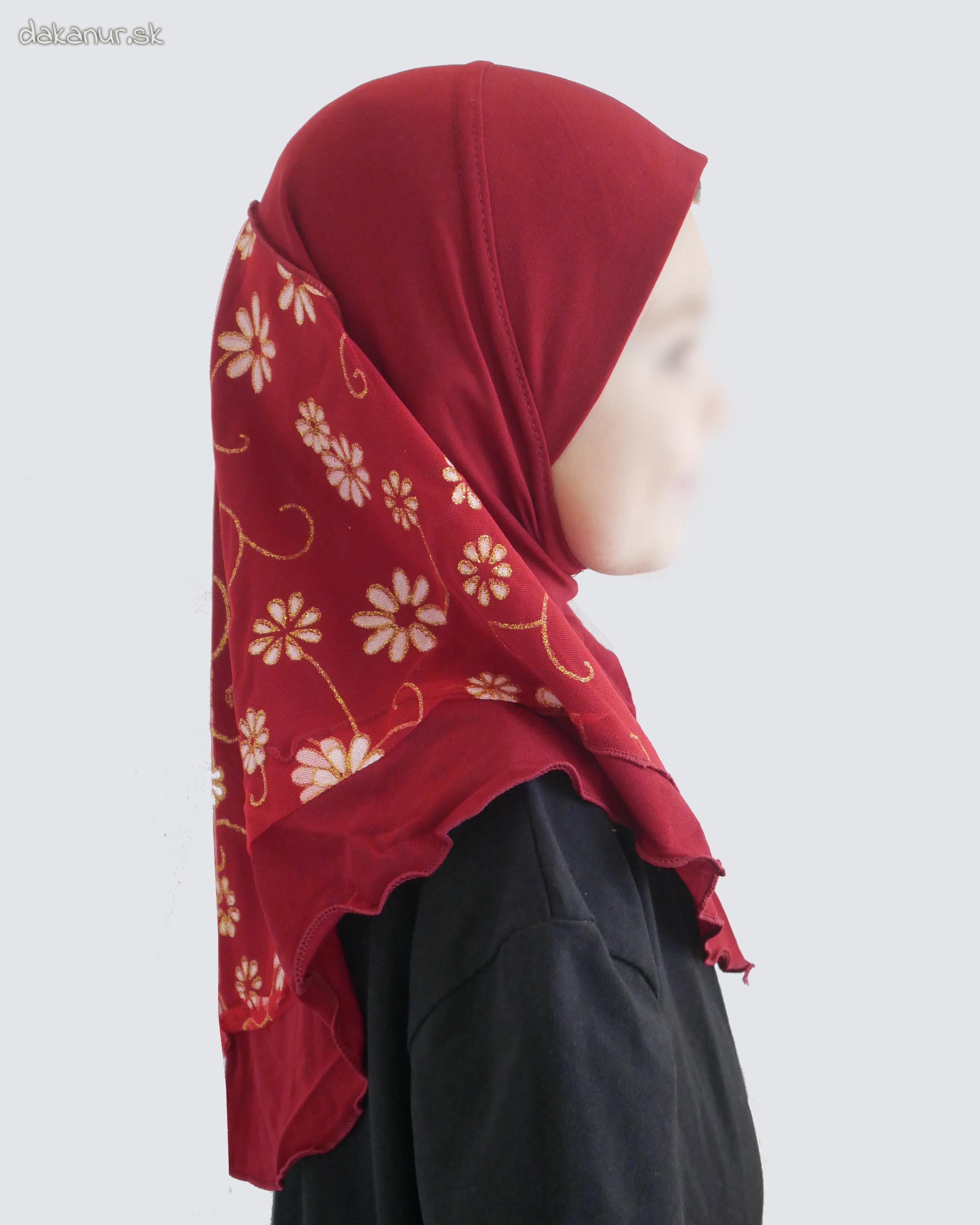 Detský bordový hijáb s kvietkovanou potlačou