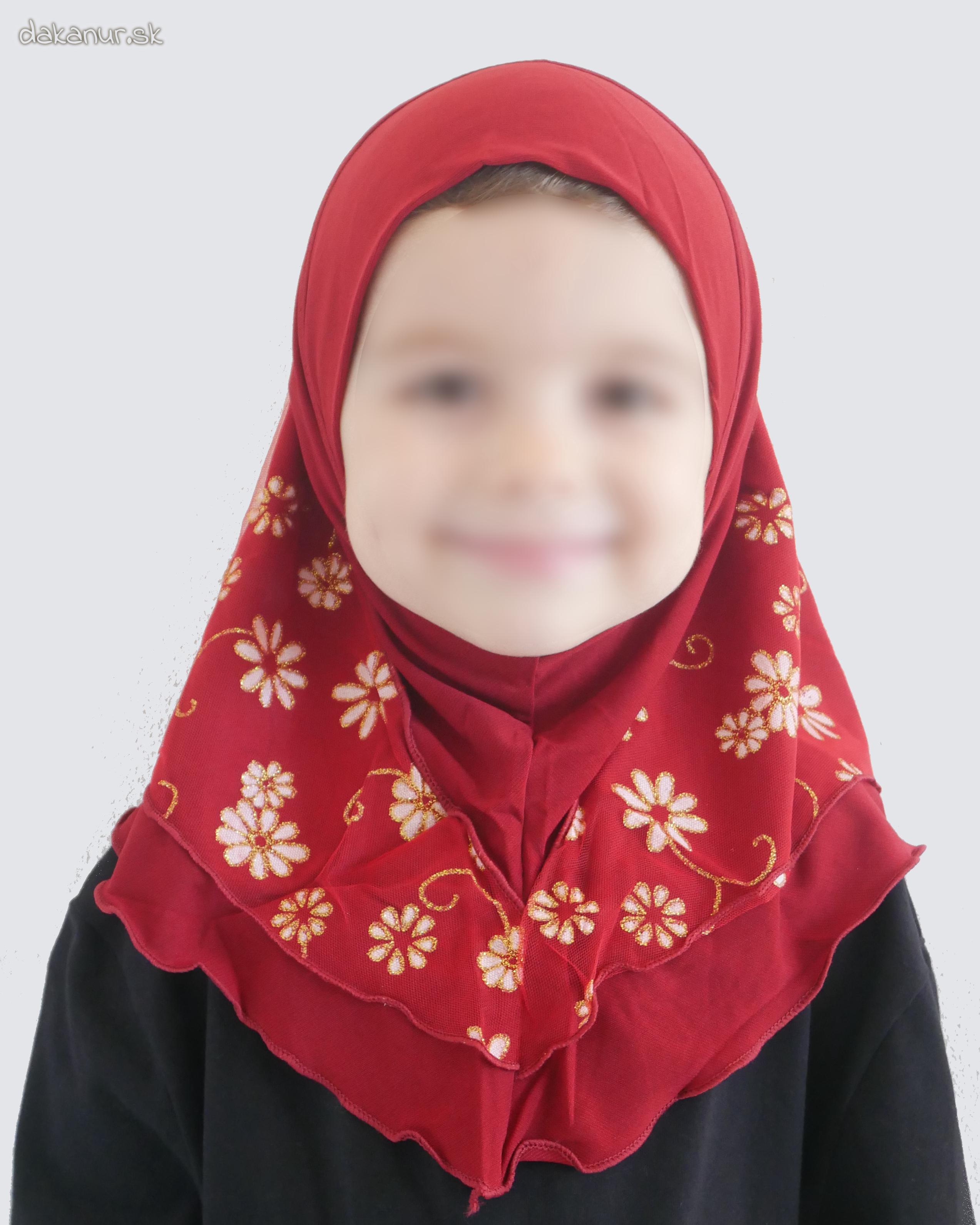 Detský bordový hijáb s kvietkovanou potlačou