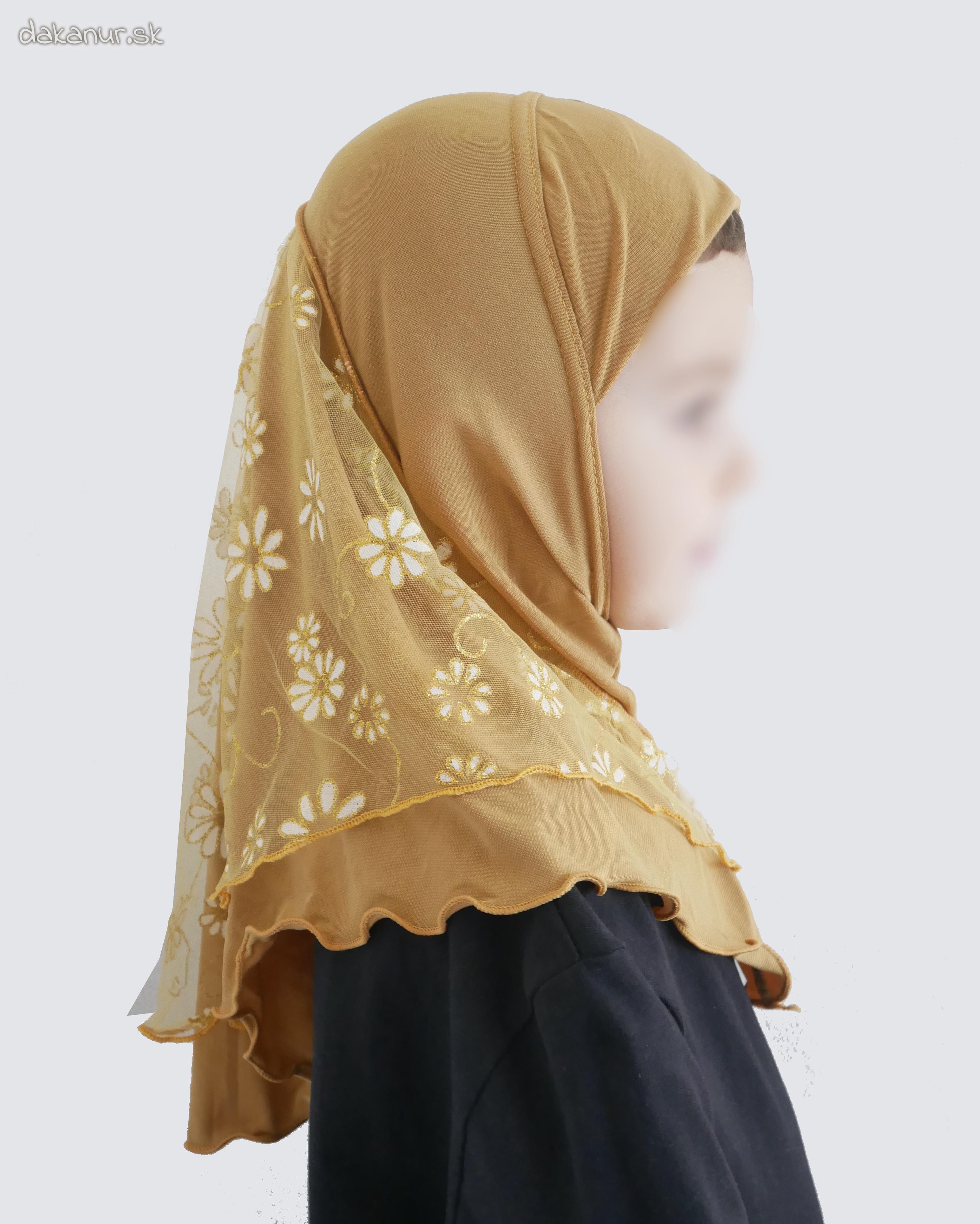 Detský zlatý hijáb s kvietkovanou potlačou