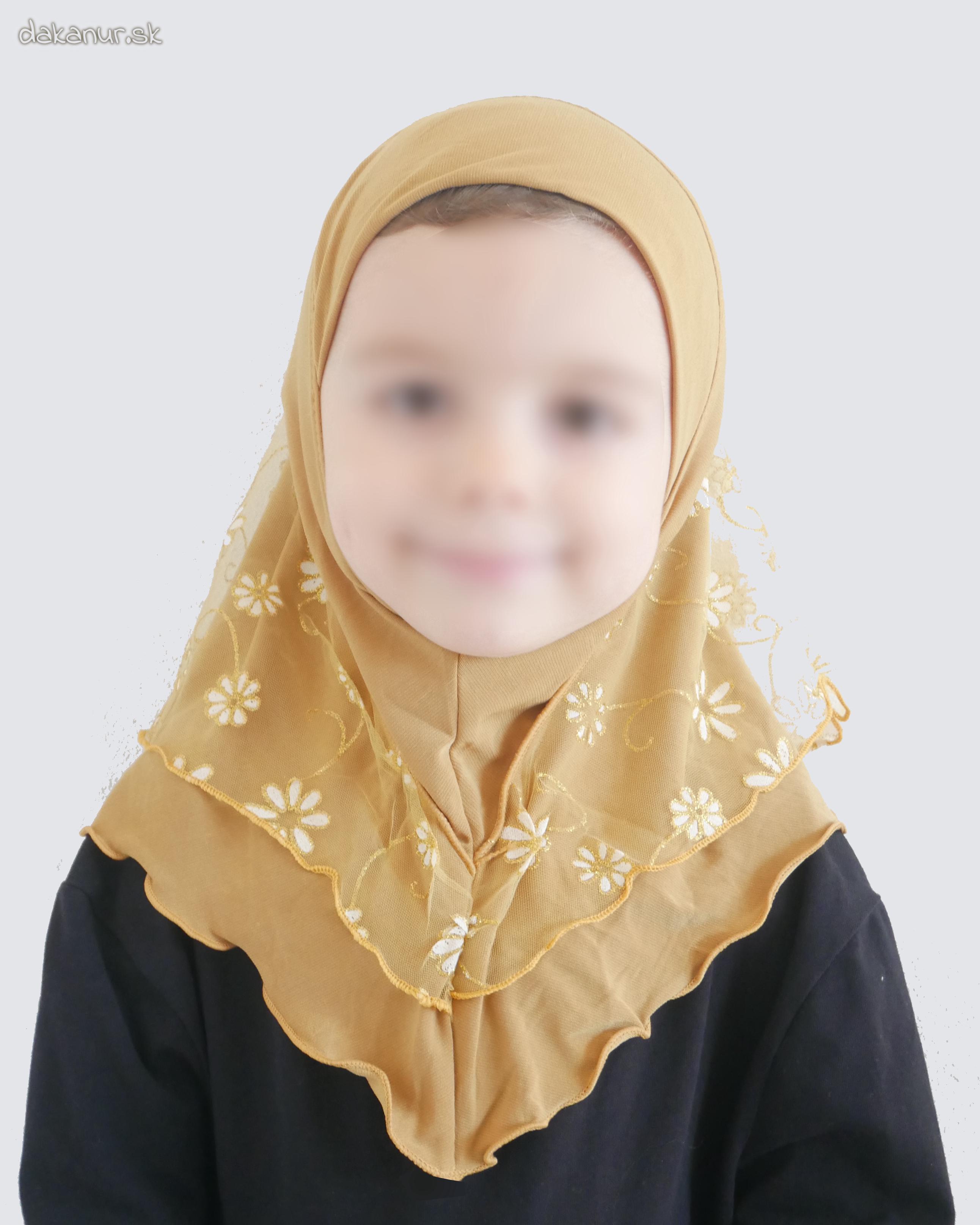 Detský zlatý hijáb s kvietkovanou potlačou