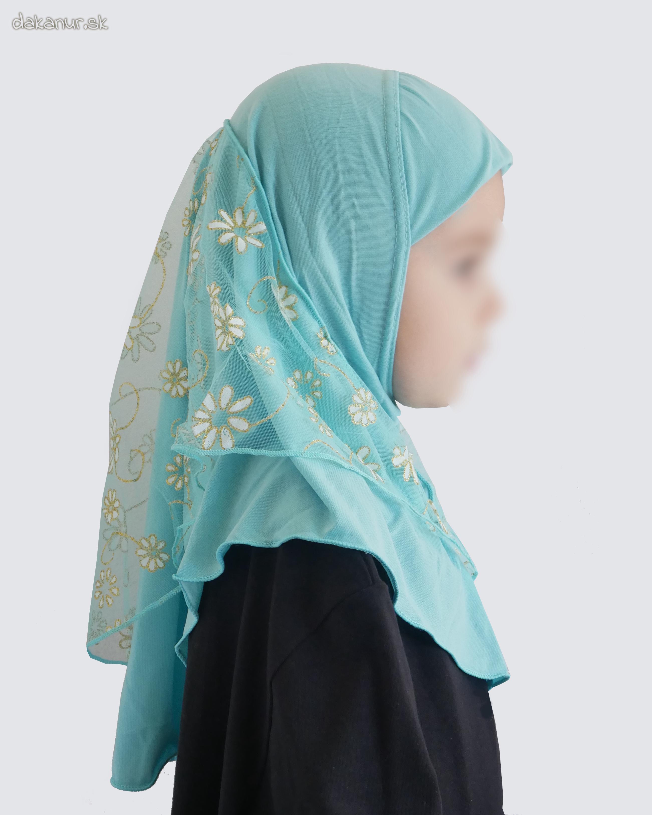 Detský modrý hijáb s kvietkovanou potlačou