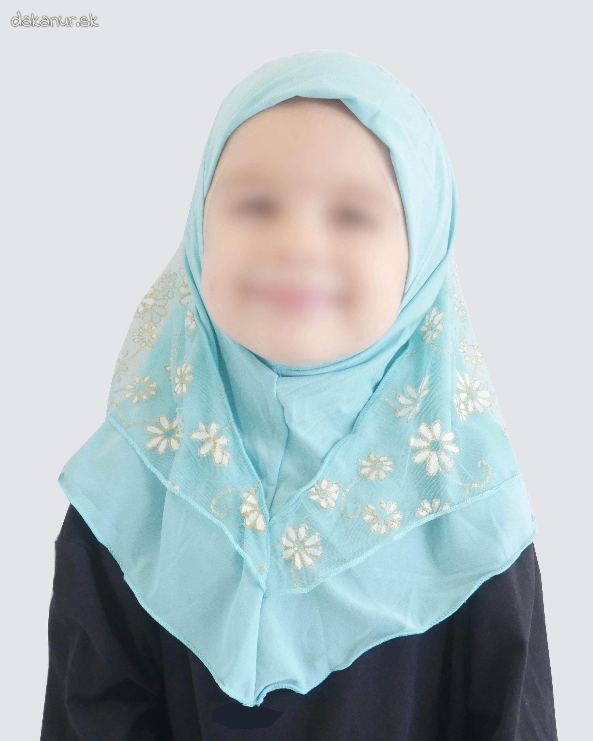 Detský modrý hijáb s kvietkovanou potlačou