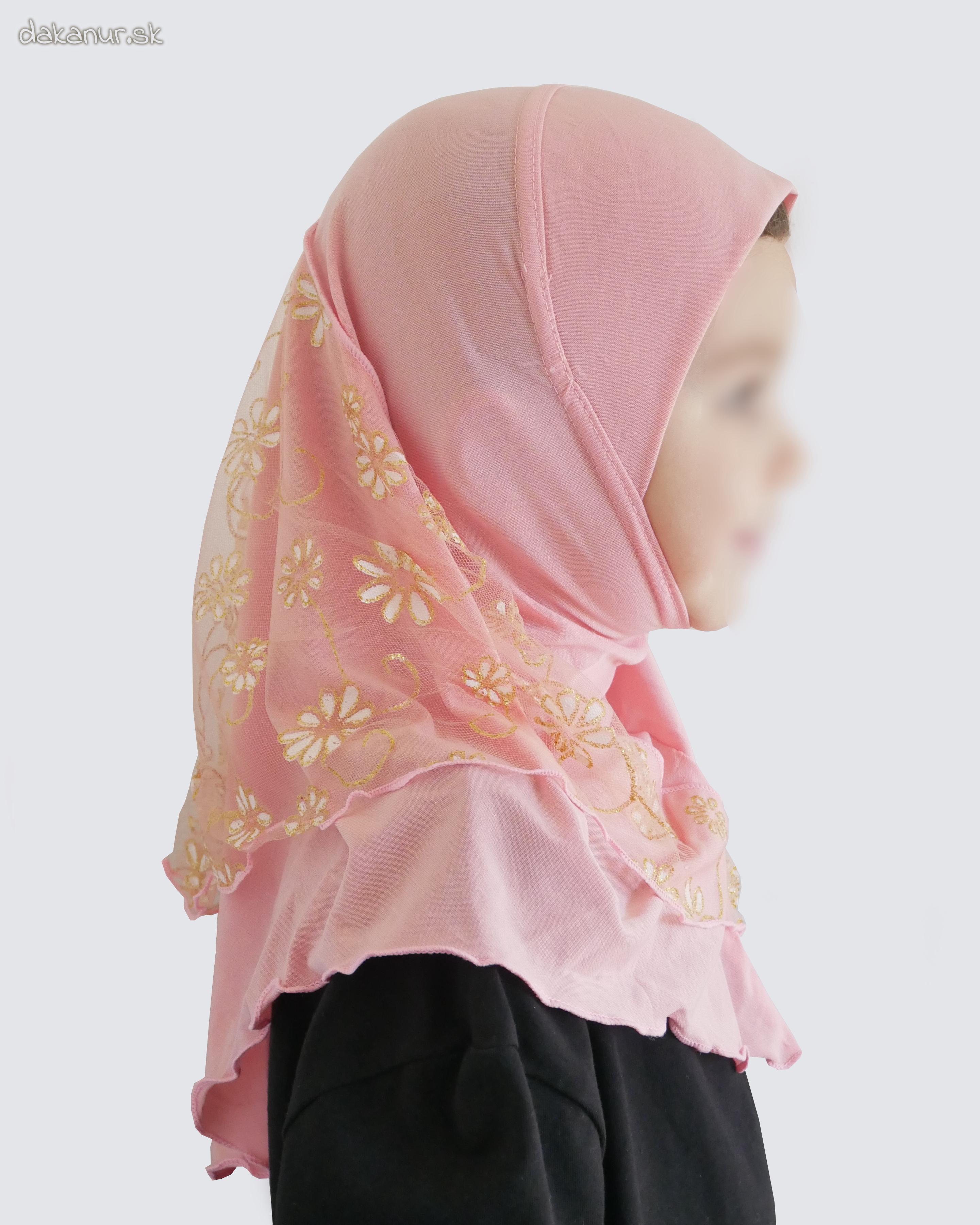 Detský ružový hijáb s kvietkovanou potlačou