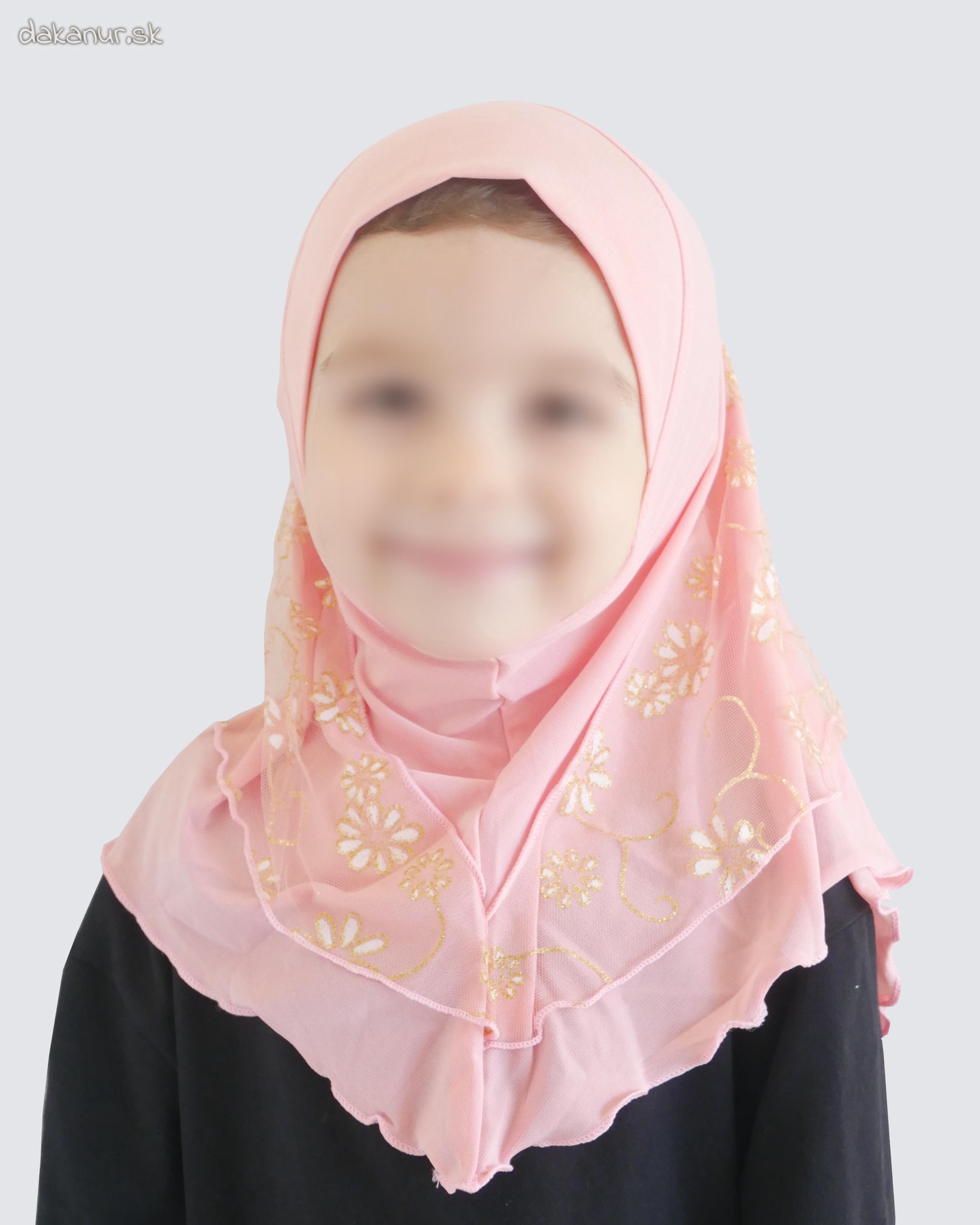 Detský ružový hijáb s kvietkovanou potlačou