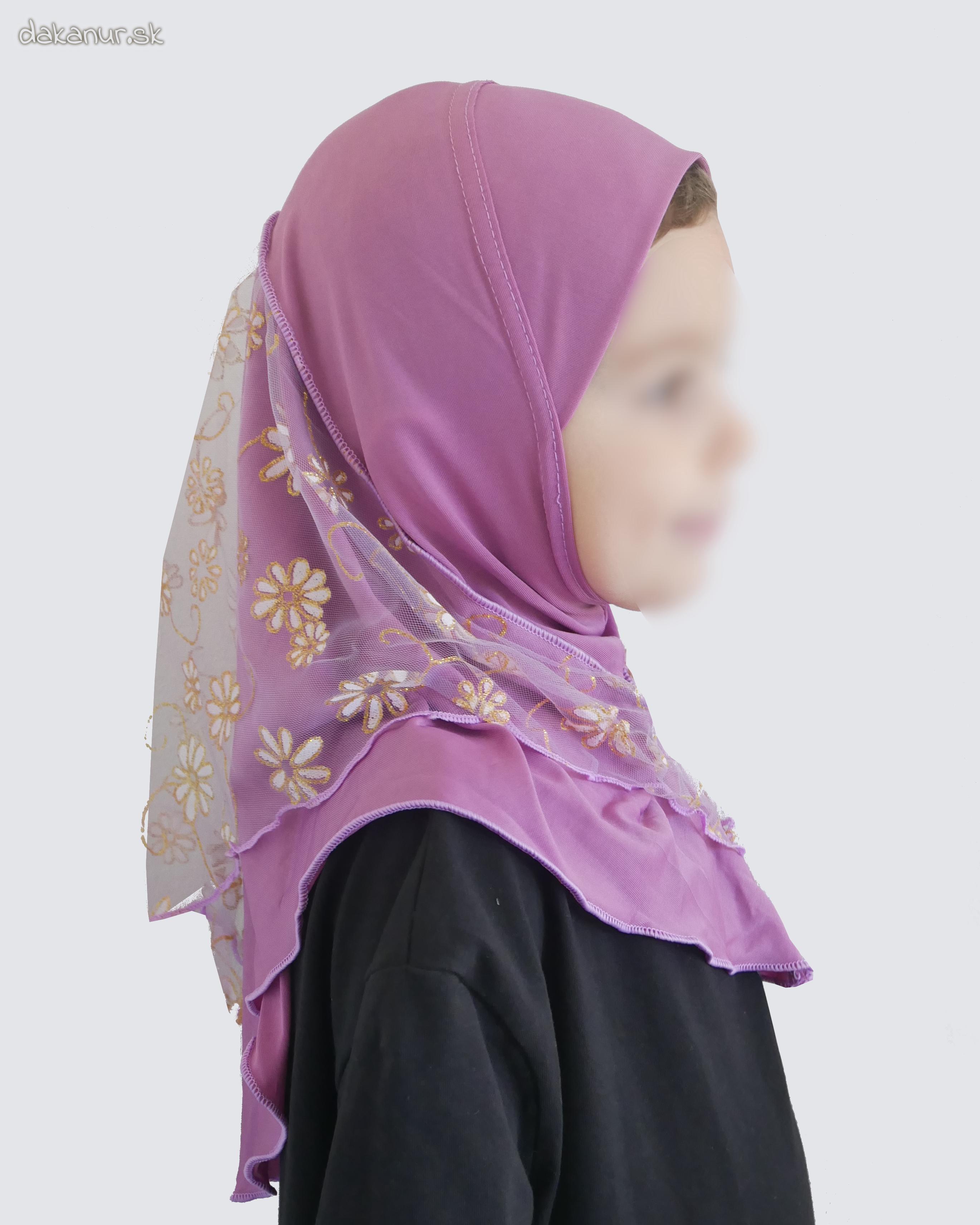 Detský fialový hijáb s kvietkovanou potlačou