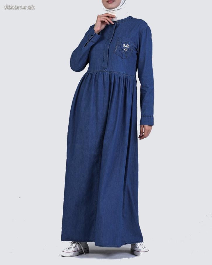 Riflové dlhé šaty so zdobeným vreckom
