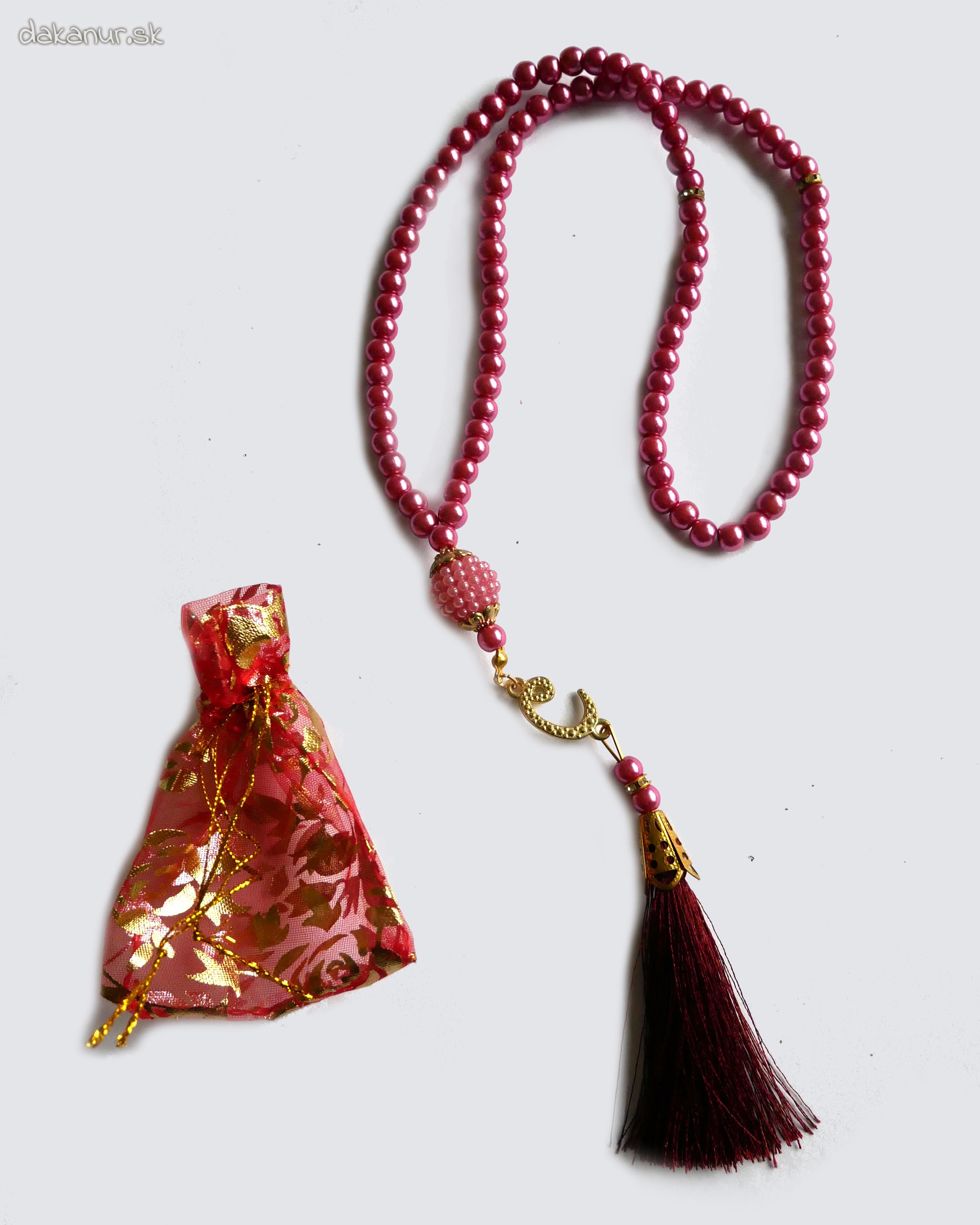 Tasbih 99 korálkový s vrecúškom, ružovočervený