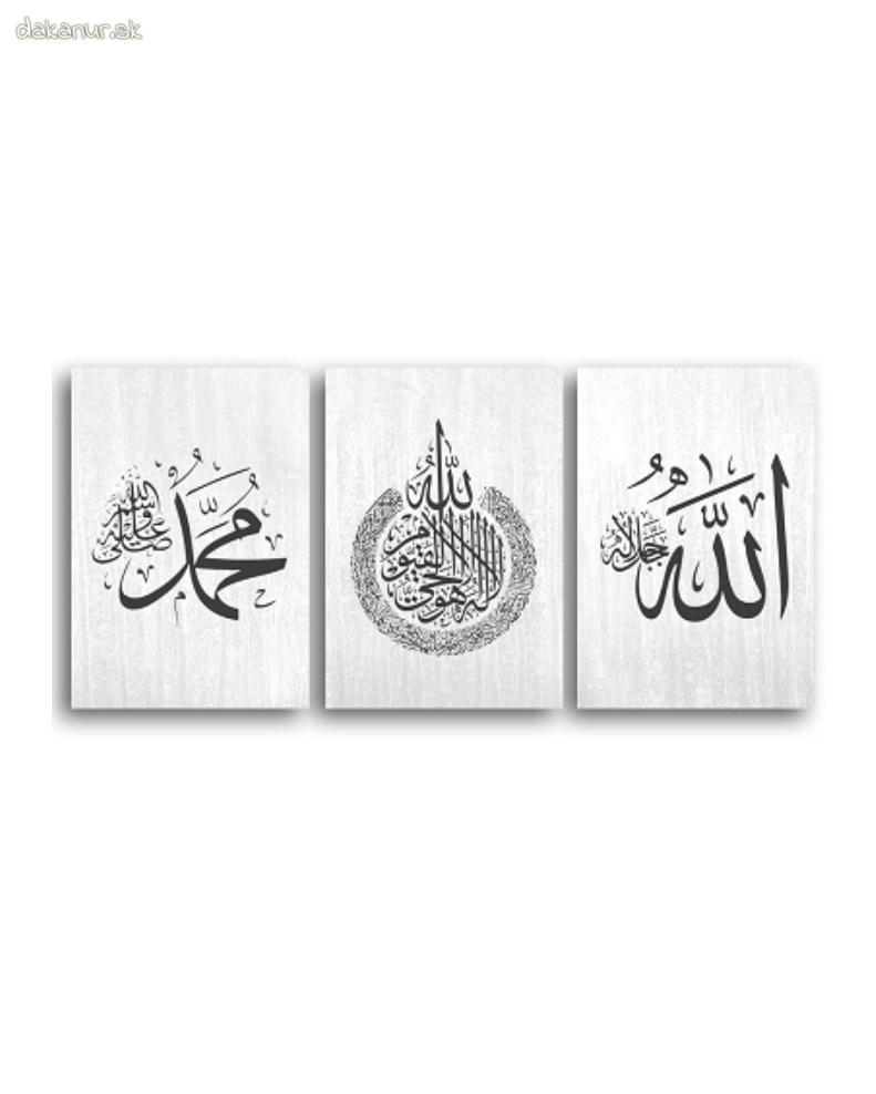 Trojica obrazov, tlačené plátna kaligrafia, šedý mramor