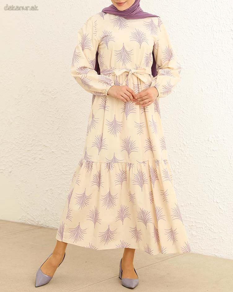Ľanovo bavlnené béžovo fialové šaty floral