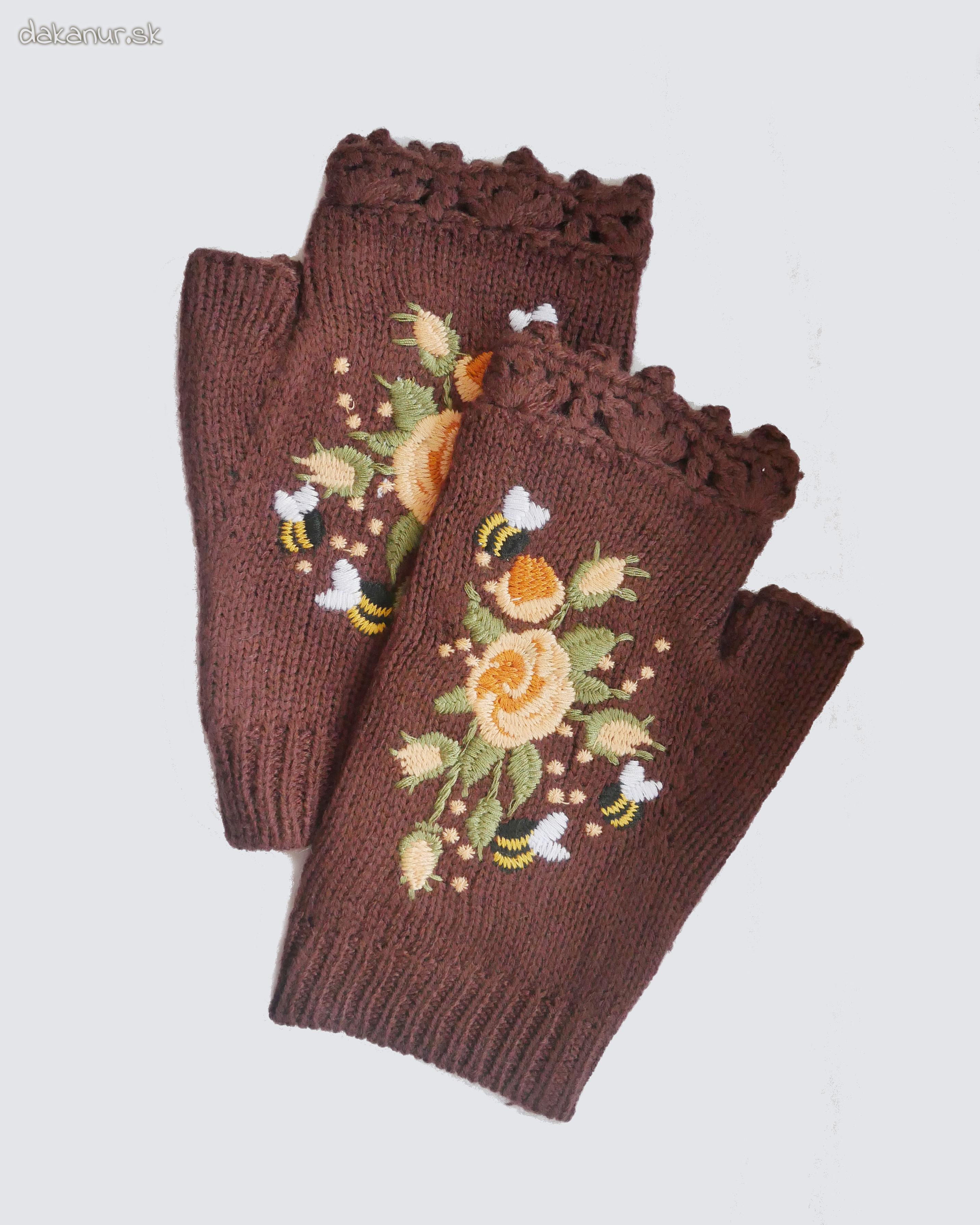Hnedé vyšívané kvietkované rukavice bez prstov