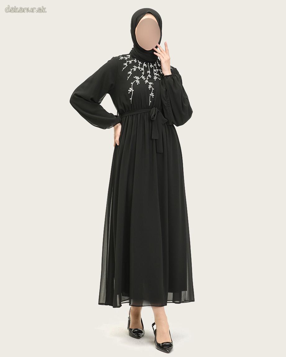 Vyšívané čierne šaty, listový kvetinový vzor