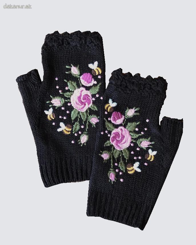 Čierne vyšívané kvietkované rukavice bez prstov