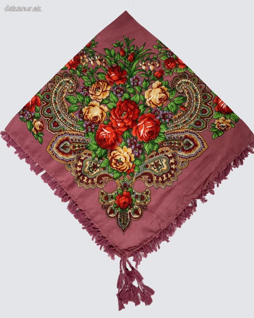 Tradičná kvetovaná staroružová folklórna šatka, hustka, chustka