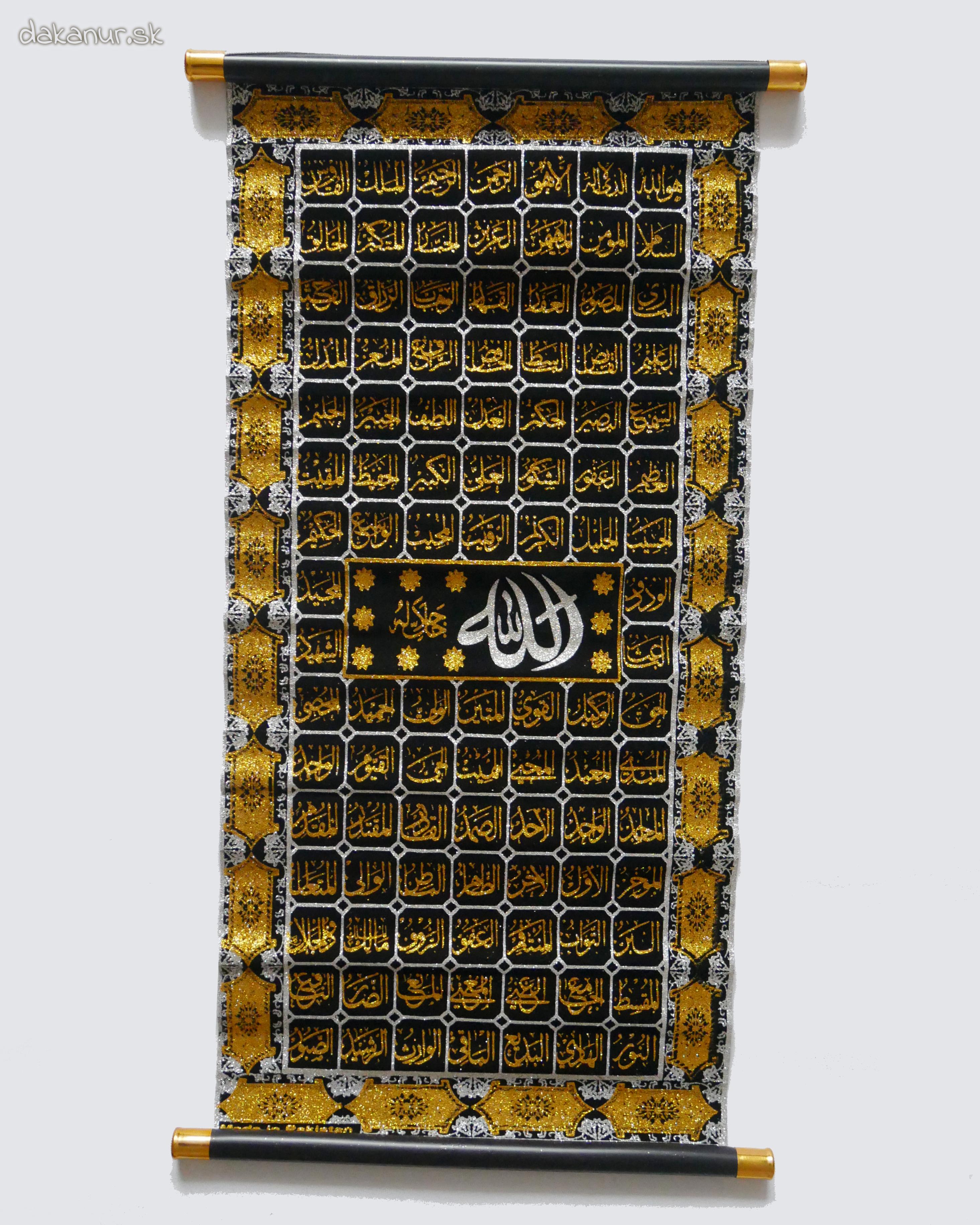 Islamská závesná ozdoba, čierno zlatá kaligrafia Božie mená