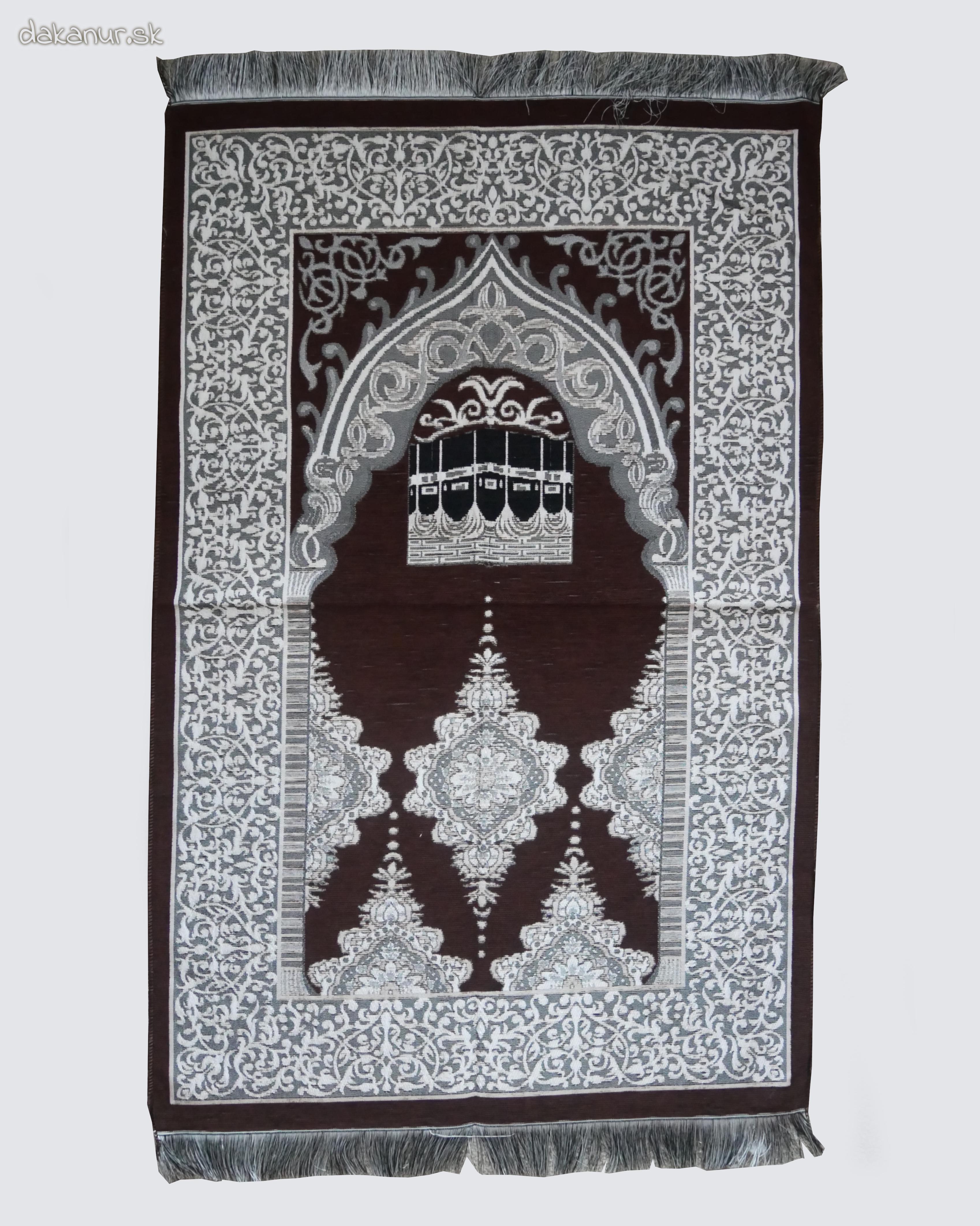 Islamský tmavohnedý modlitebný koberec Kába, Mekka