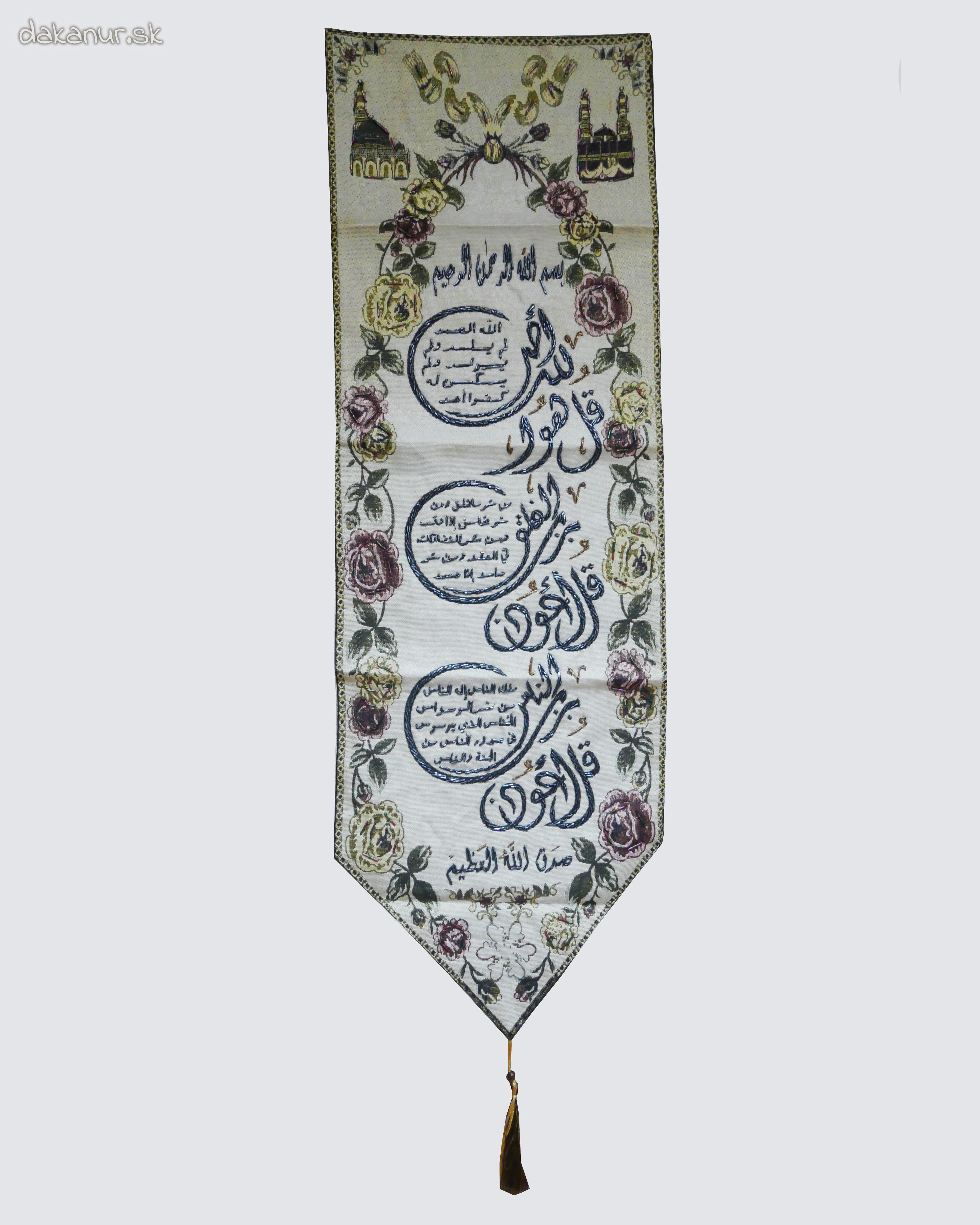 Gobelín, islamská kaligrafia - 3 súry Koránu, s korálkami