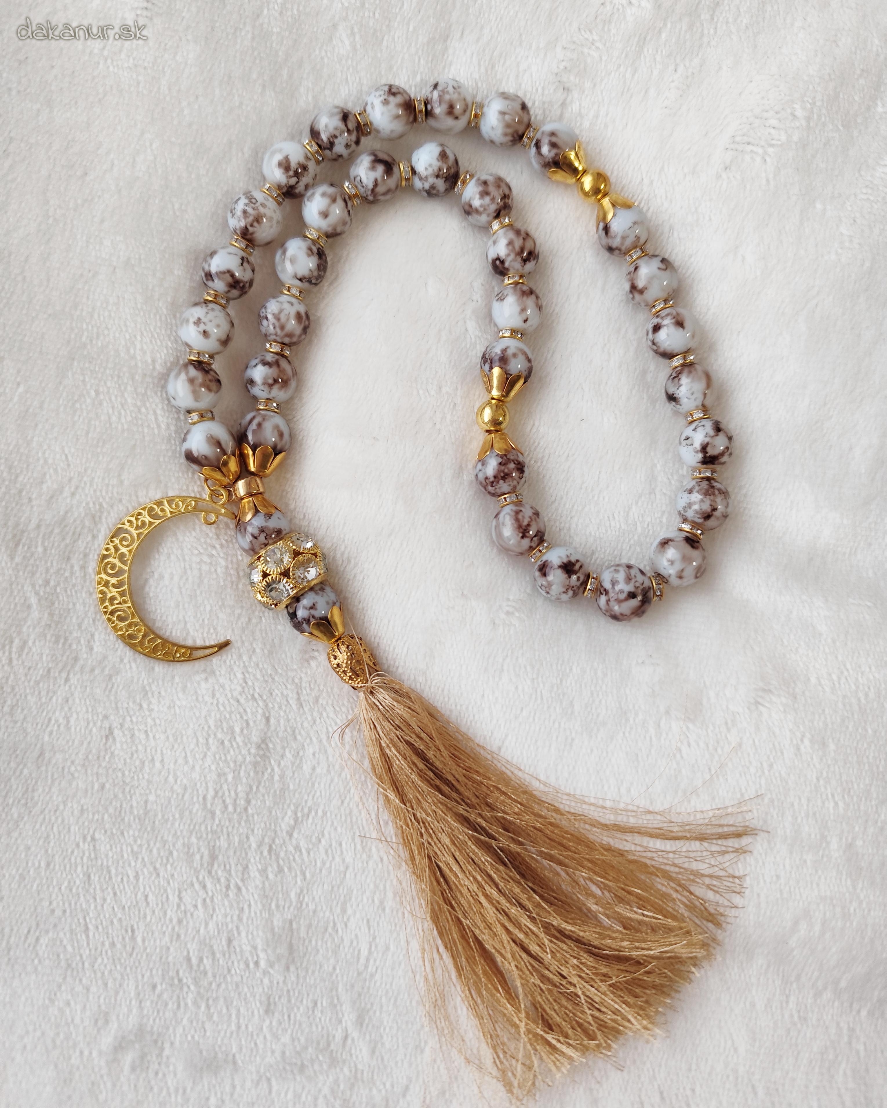 Béžovo šedo mramorovaný veľký 33 korálkový tasbih, pevný