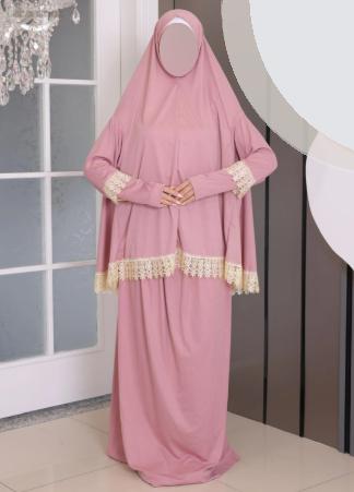 Ružový modlitebný islamsky set - sukňa a chimár s krajkou