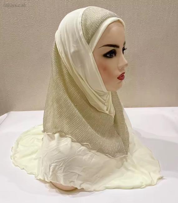 Ozdobný dámsky islamský elastický zlatý smotanový hijáb, hidžáb, amira