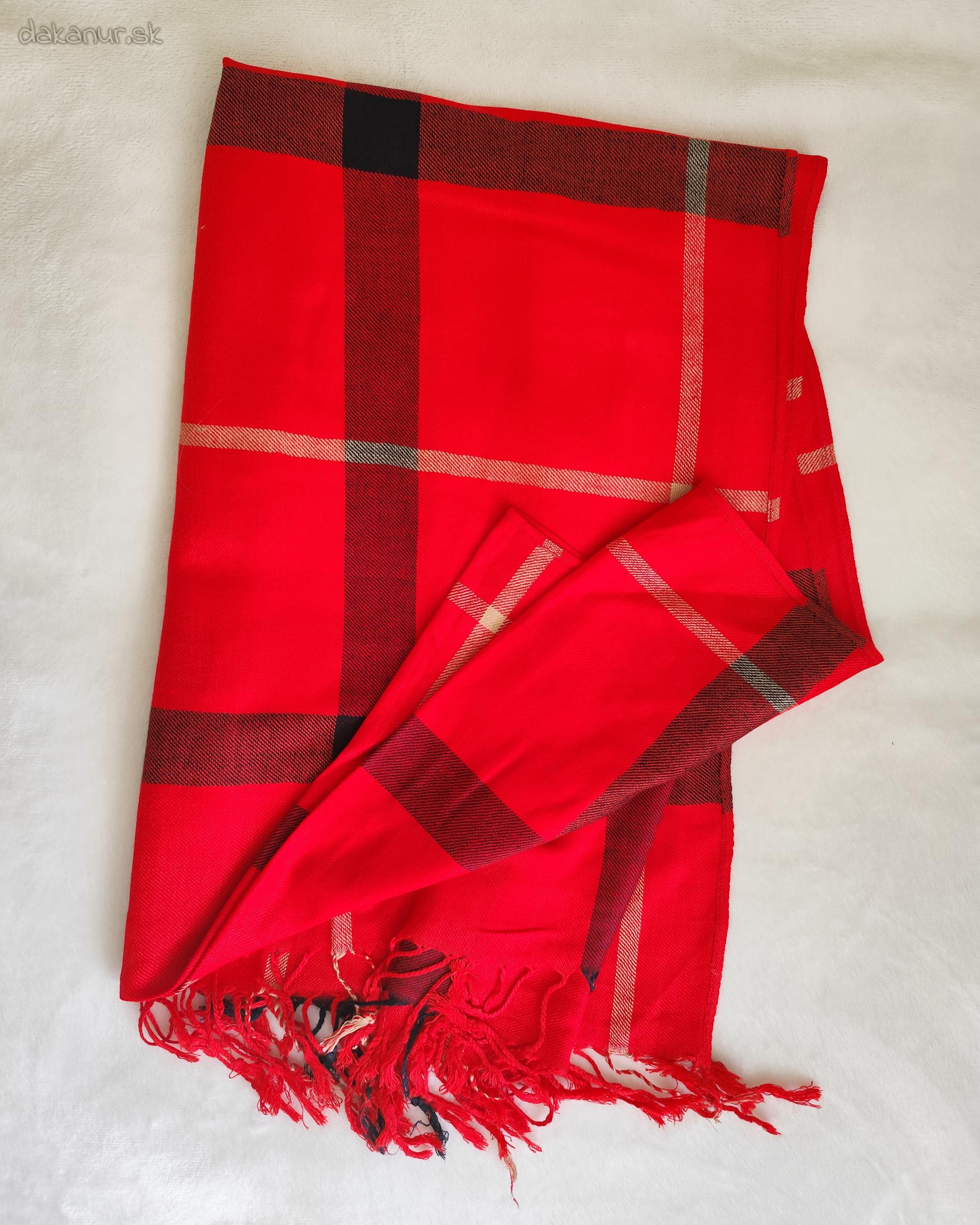 Kašmírový hodvábny šál červený Cashmere károvaný