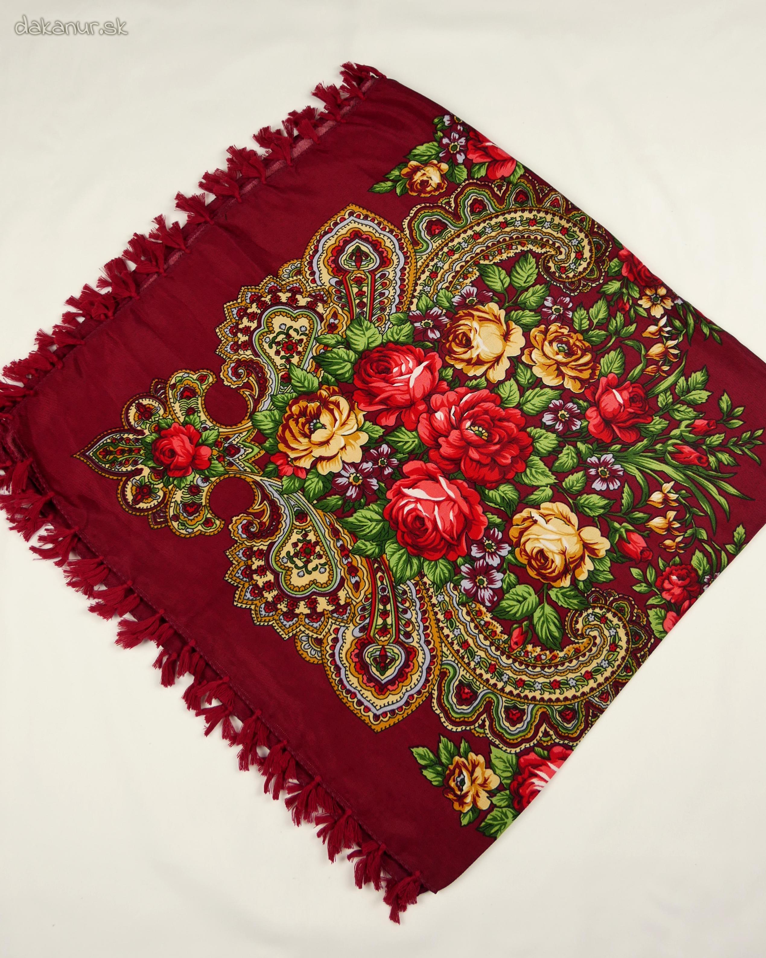 Tradičná kvetovaná bordová folklórna šatka, hustka, chustka